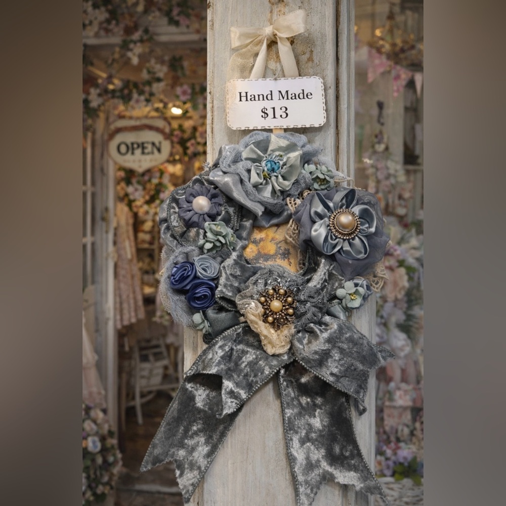 Handmade Floral Wreath with Blue and Gray Accents
